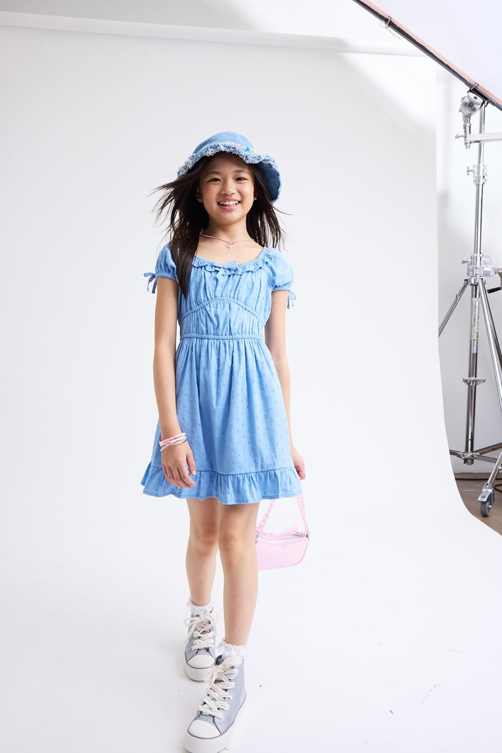 Girls Blue Swiss Dot Ruffle Neck Short Sleeve Dress - Image 2