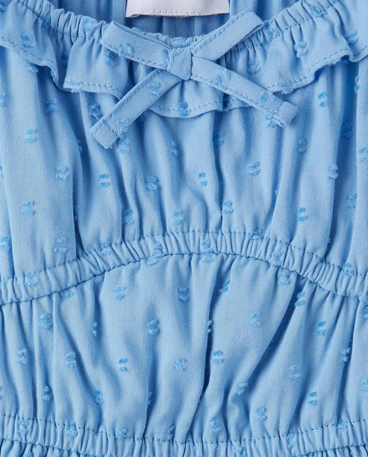 Girls Blue Swiss Dot Ruffle Neck Short Sleeve Dress - Image 3