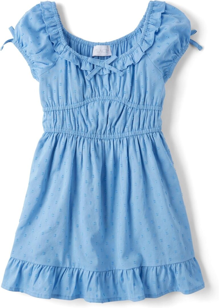 Girls Blue Swiss Dot Ruffle Neck Short Sleeve Dress