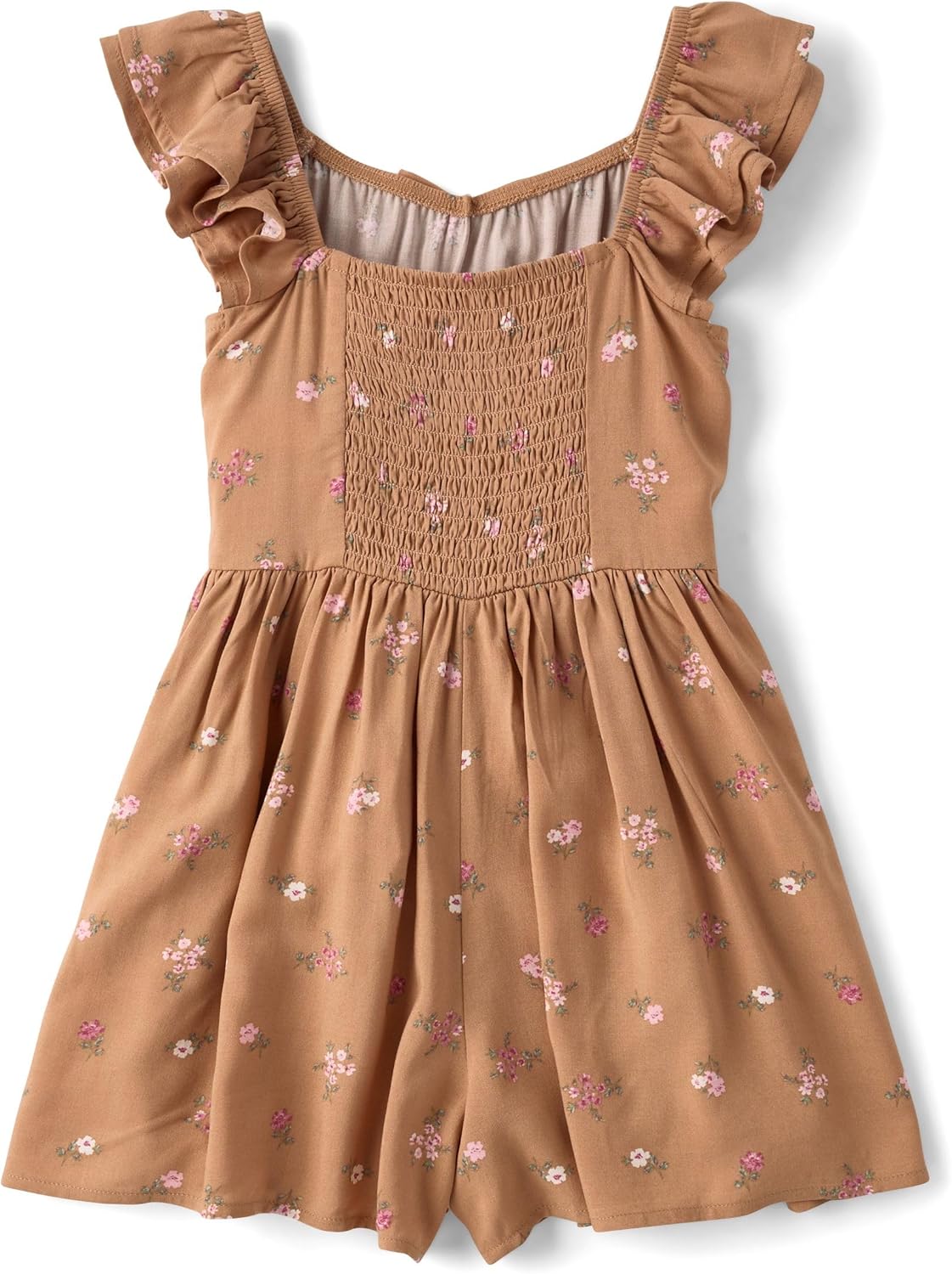 Girls Brown Floral Print Flutter Sleeve Romper - Image 4