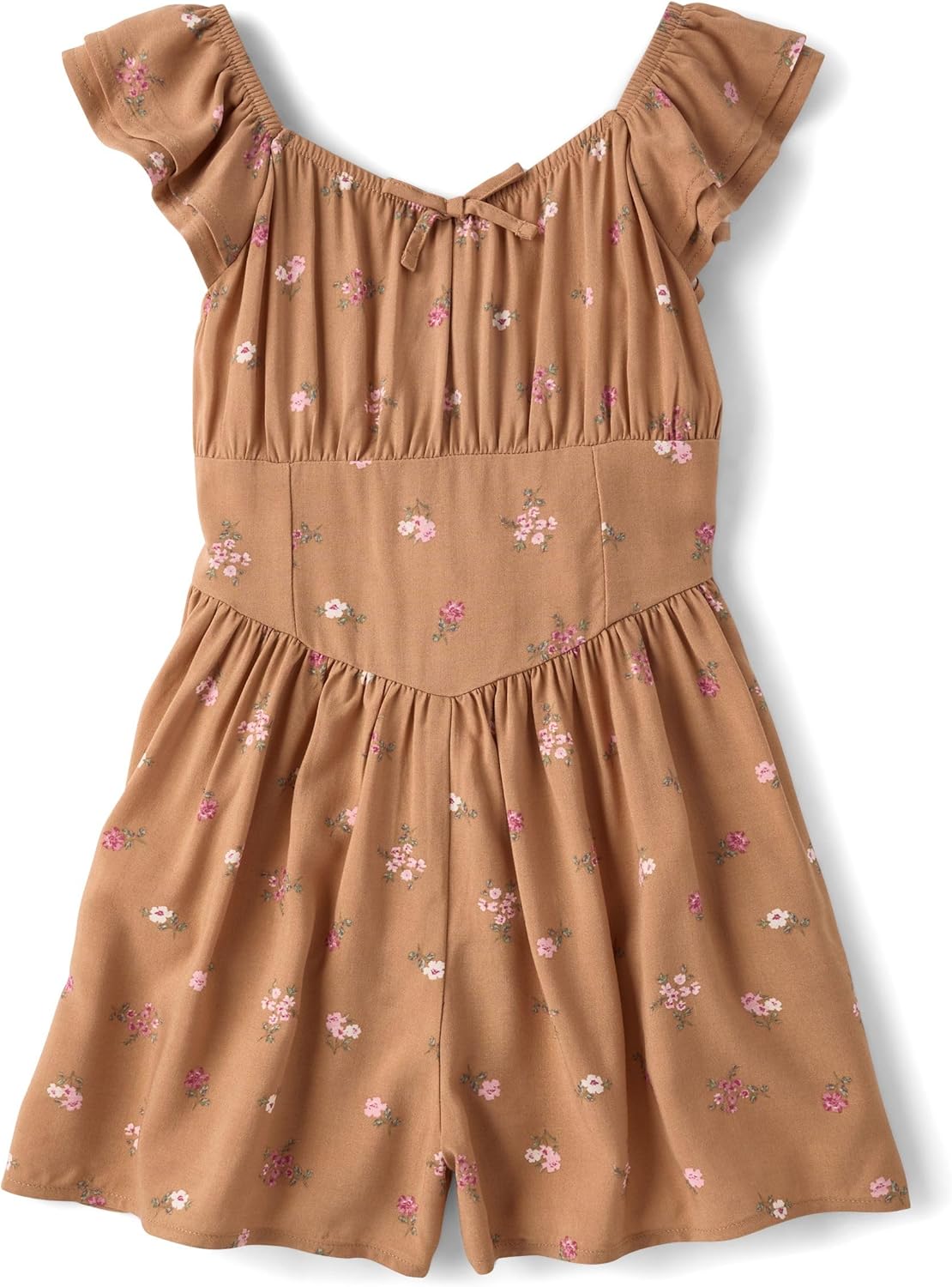 Girls Brown Floral Print Flutter Sleeve Romper