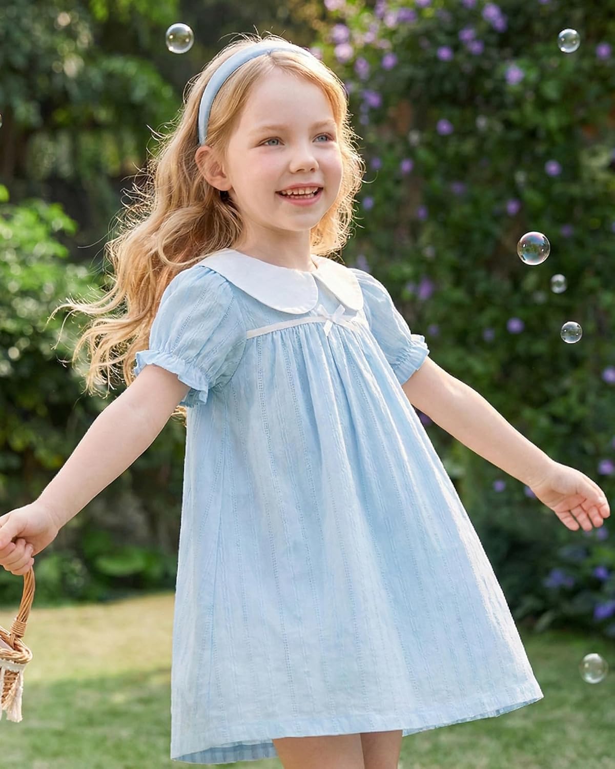 Light Blue Puff Sleeve Baby Dress with White Peter Pan Collar - Image 2