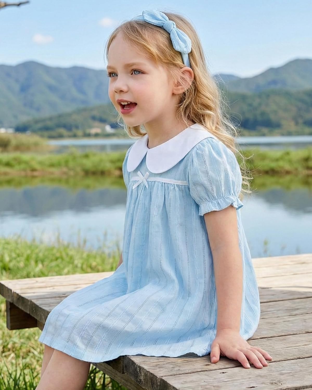 Light Blue Puff Sleeve Baby Dress with White Peter Pan Collar - Image 3